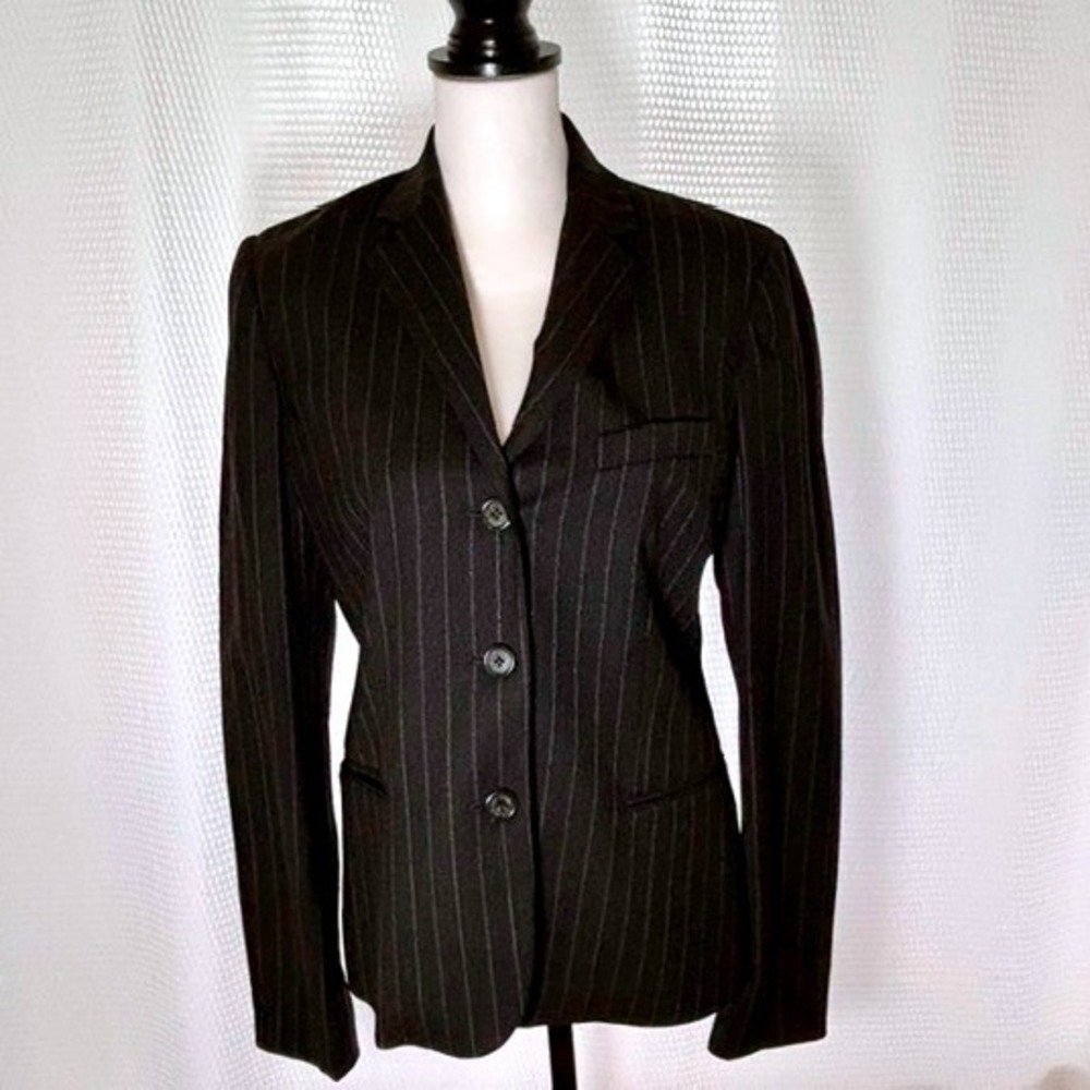 Lauren Ralph Lauren Womens Grey Pinstripe Three Button Tailored Blazer Jacket